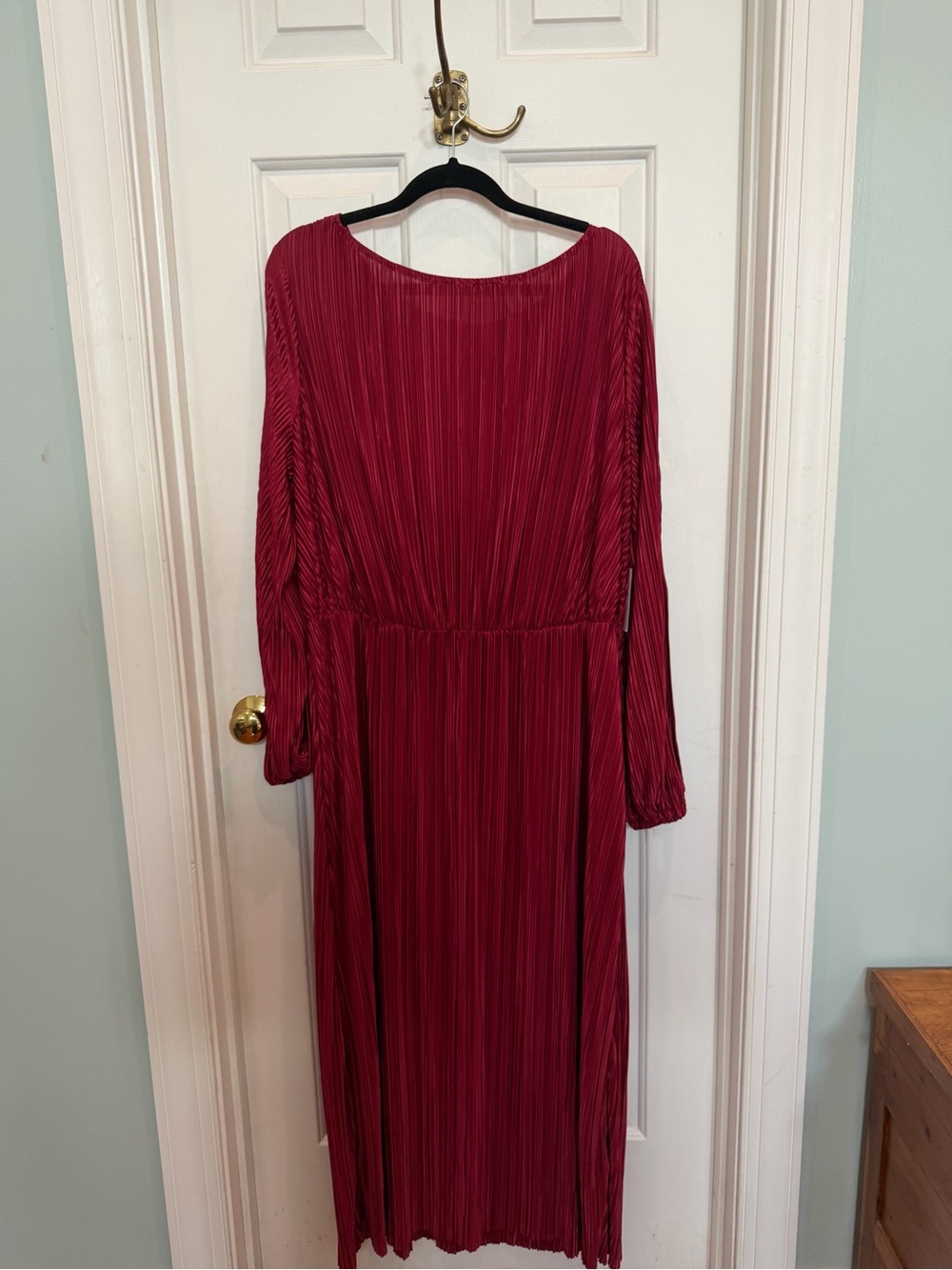 Eloquii Wine-Red Pleated Long-Sleeve Maxi Dress